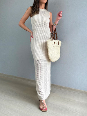 Beige open-knit column dress with side slit and crew neck.