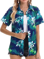 Dark Blue button-up shirt with tropical hibiscus and leaf print, short sleeves, open collar.