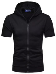 Men's Plus Size Short Sleeve Zip Up Hoodie in Black, front view