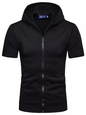 Men's Plus Size Short Sleeve Zip Up Hoodie in Black, front view