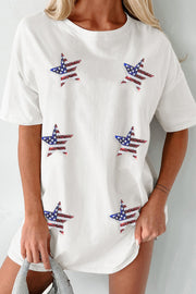 White tee dress with sequin American flag stars, crew neck, short sleeves.