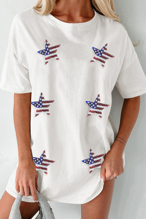 White tee dress with sequin American flag stars, crew neck, short sleeves.