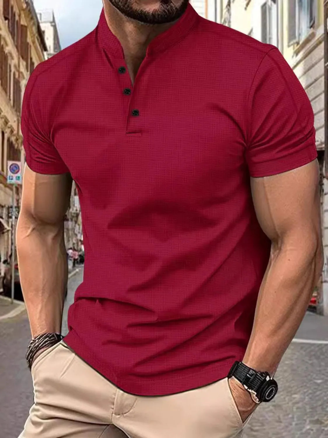 Men's scarlet short sleeve polo with mandarin collar and buttoned neckline