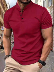 Men's scarlet short sleeve polo with mandarin collar and buttoned neckline