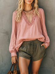 Bohemian Ruffled V-neck Long Sleeve Blouse in White, front view