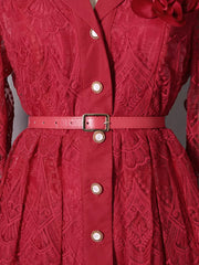 Red lace midi dress with button placket, collared neckline, and matching belt.
