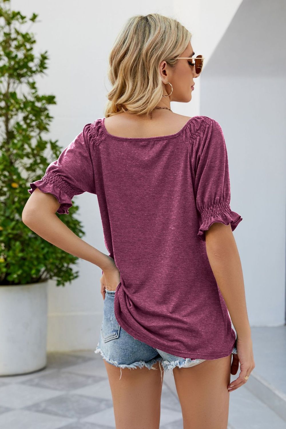 Plum gathered square neck puff sleeve top with ruched cuffs