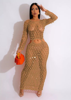 Khaki mesh cutout maxi gown with long sleeves and bodycon fit.