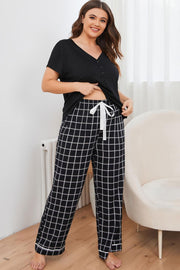 Black grid-print lounge set with Henley top and drawstring pants