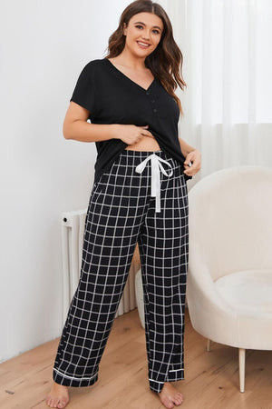 Black grid-print lounge set with Henley top and drawstring pants