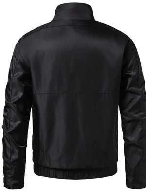 Men's black lightweight zip up track jacket with gathered sleeve detail