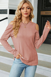 Dusty Pink textured cable knit cold shoulder long sleeve top