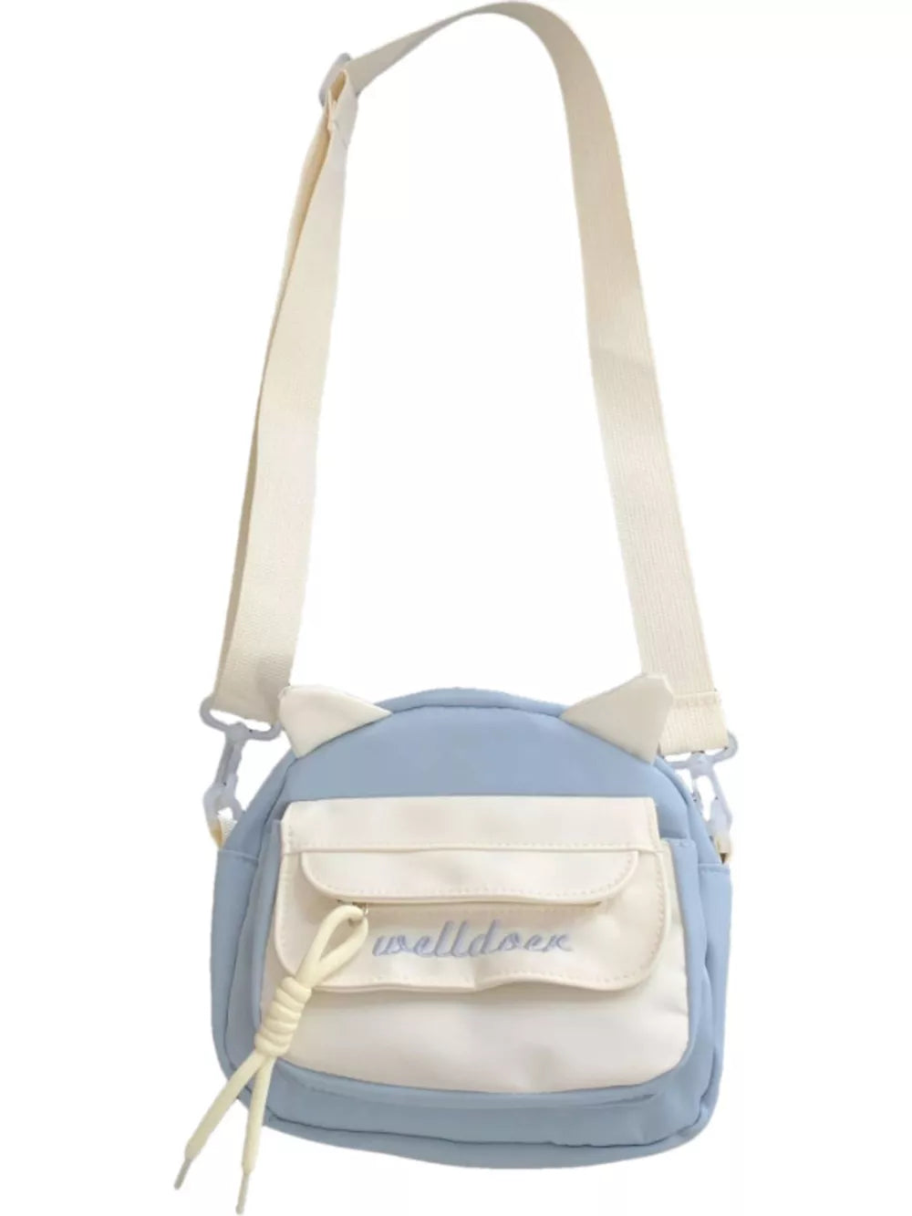 Blue crossbody bag with cat ears and white accents, featuring a front pocket with drawstring detail.