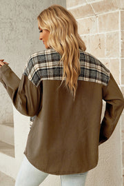 Olive mixed media shacket with plaid yoke and long sleeves.