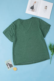 Dark green heather tee with flutter sleeves and lace trim detail