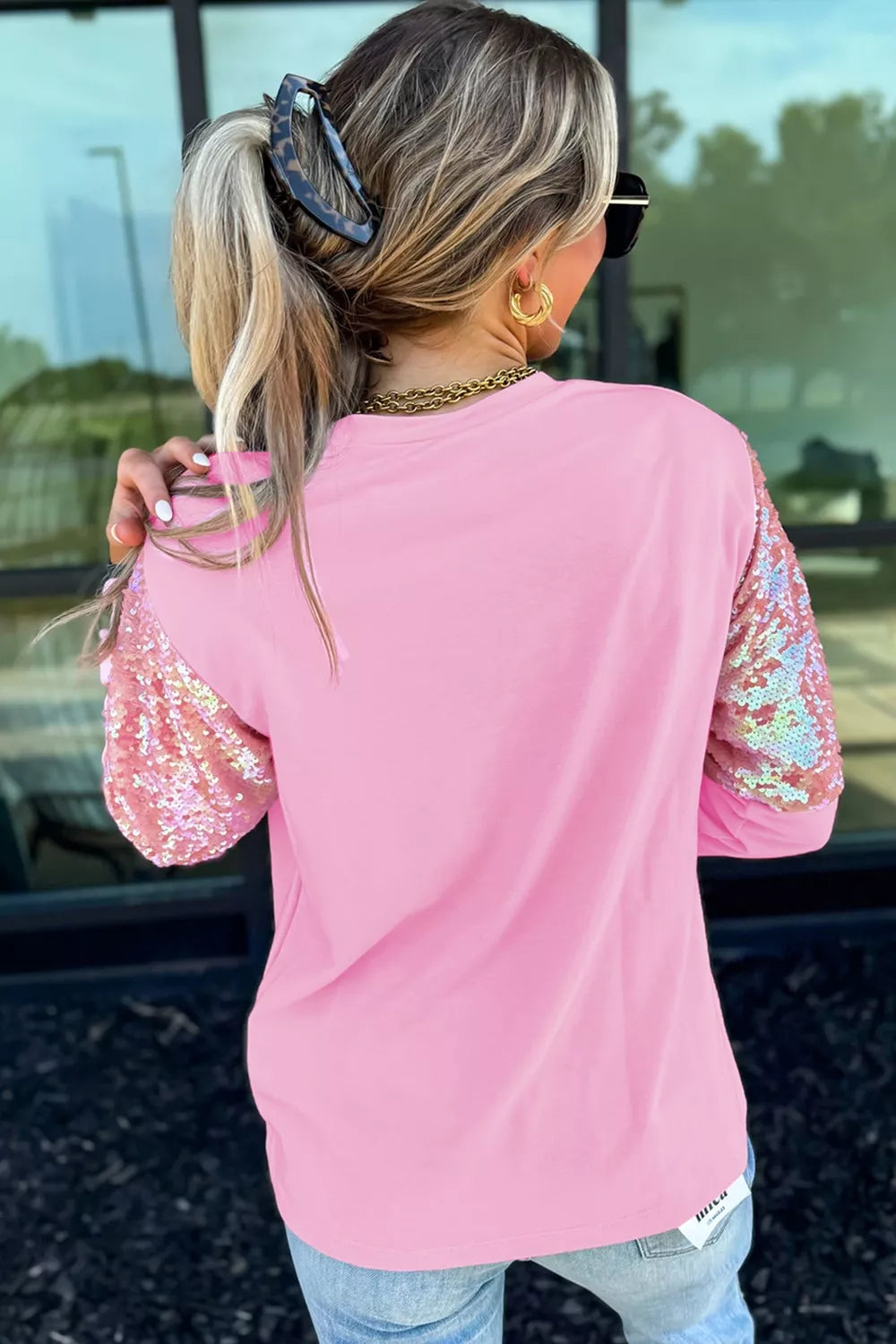 Long Sleeve Sequin Round Neck Pullover Shirt, side view