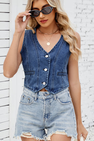 Noir denim cropped vest with button front and V-neckline.