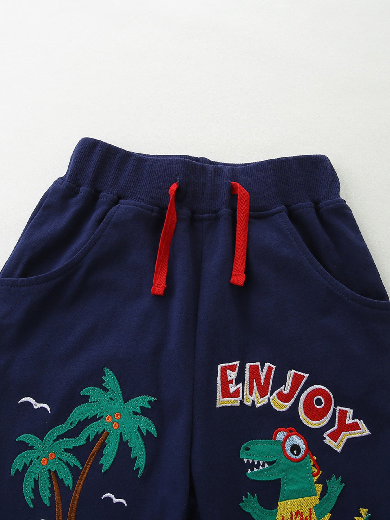Navy cotton toddler boys' shorts with dinosaur and palm tree embroidery.