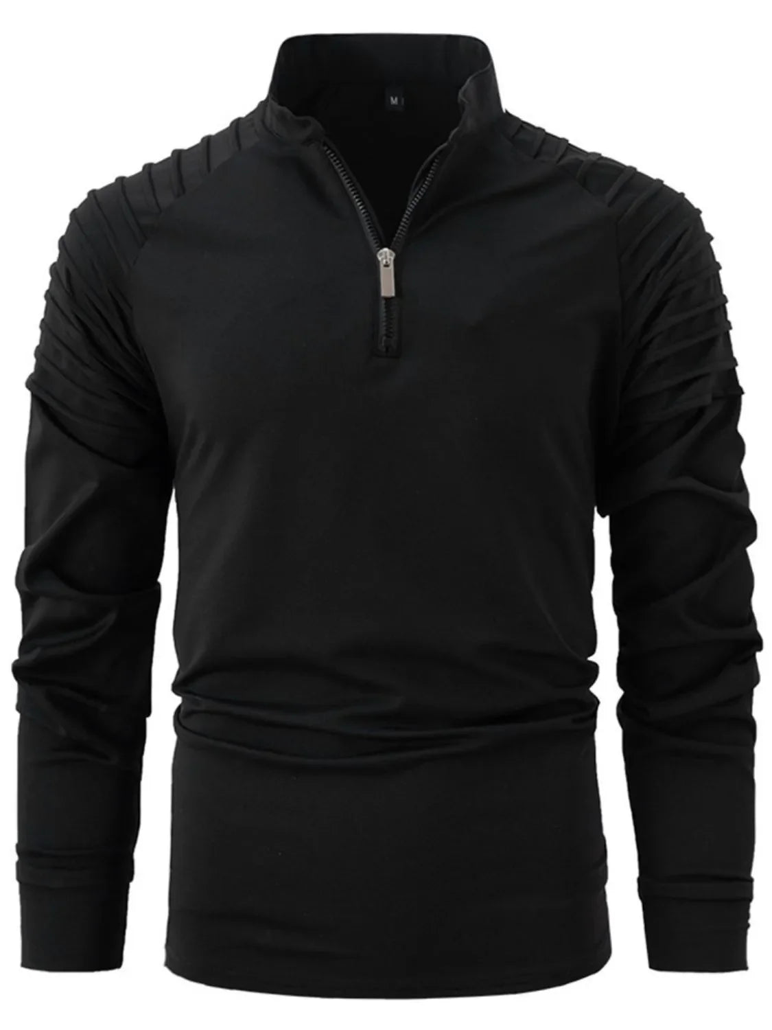 Black pullover sweater with zip-neck and pleated shoulder detail