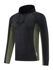 Men's black and light green geometric print hooded sweatshirt with drawstring.