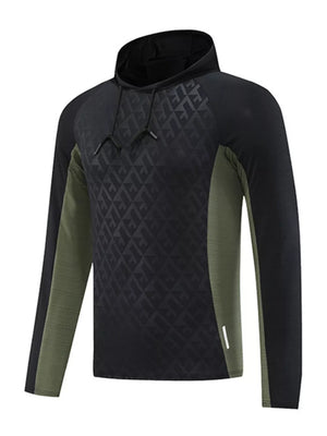 Men's black and light green geometric print hooded sweatshirt with drawstring.