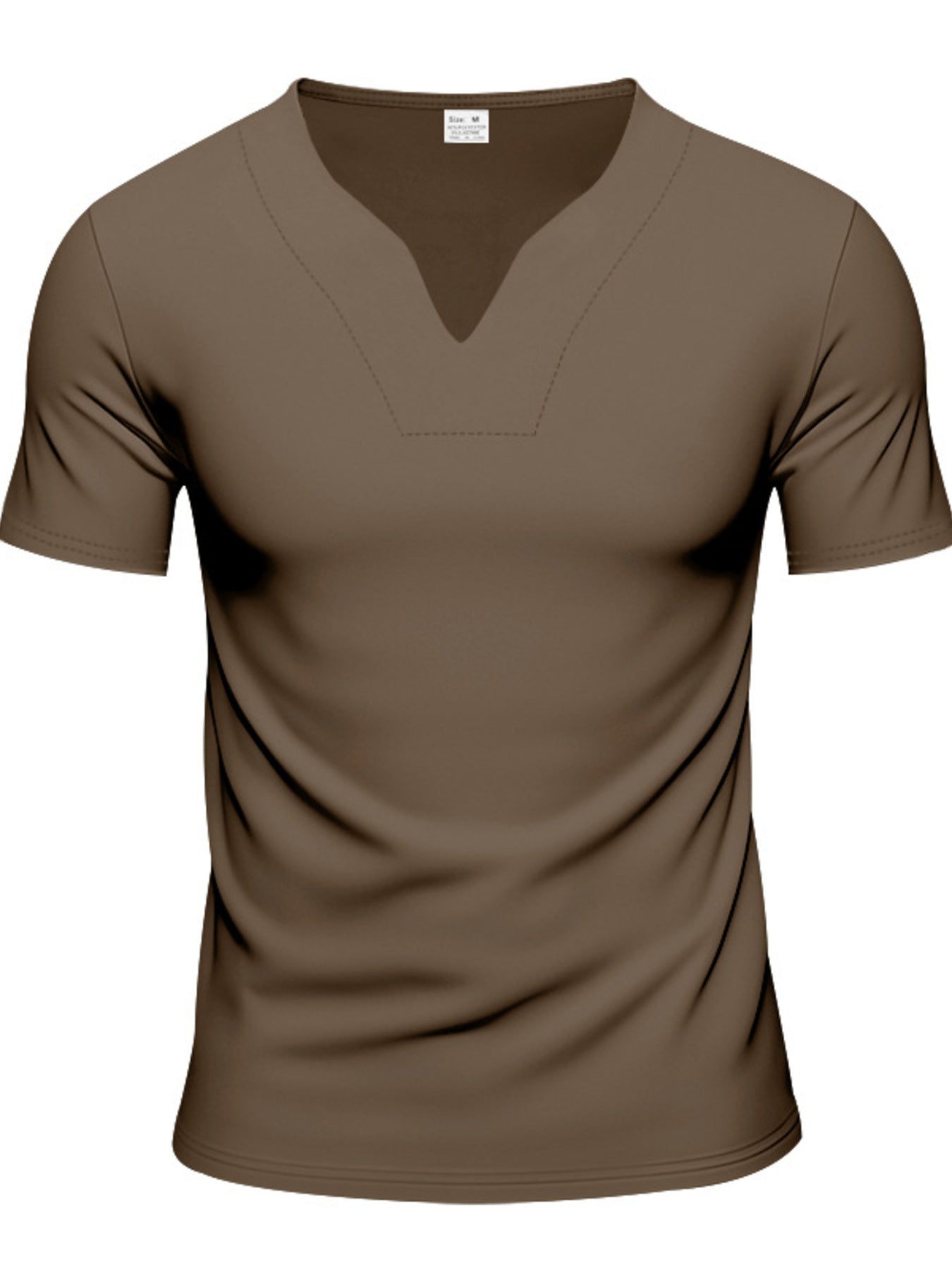 Men's brown cotton t-shirt with notched V-neck and short sleeves