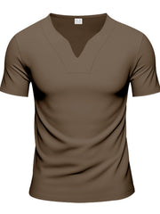 Men's brown cotton t-shirt with notched V-neck and short sleeves