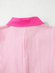 Button-down mini dress in pink and white vertical stripes with a bright pink collar.