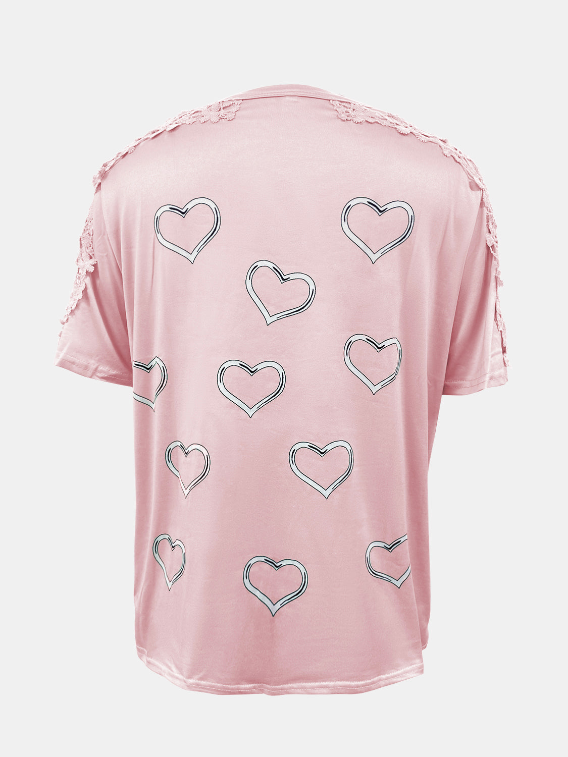 Blush pink t-shirt with heart print and lace trim detail on shoulders and sleeves.