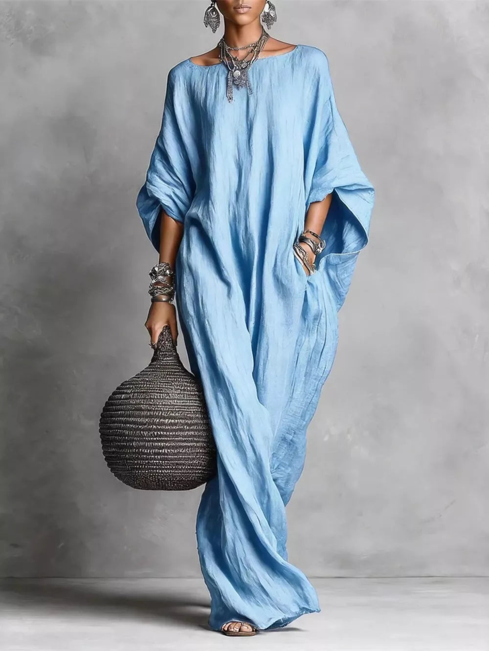 Loose Fit Boat Neck Maxi Dress in White, close-up detail