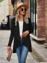 Black asymmetrical drape front cardigan with long sleeves and open front.
