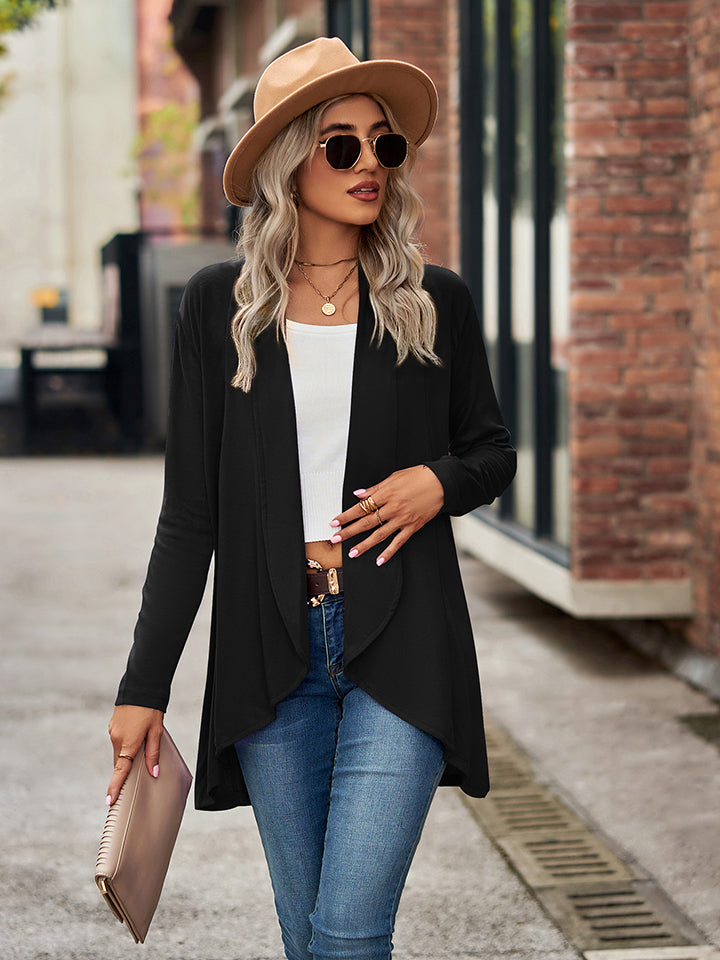 Black asymmetrical drape front cardigan with long sleeves and open front.