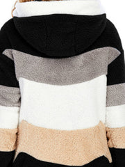 Teddy fleece zip-up hoodie with color block design in black, grey, white, and taupe.