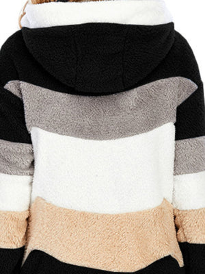 Teddy fleece zip-up hoodie with color block design in black, grey, white, and taupe.