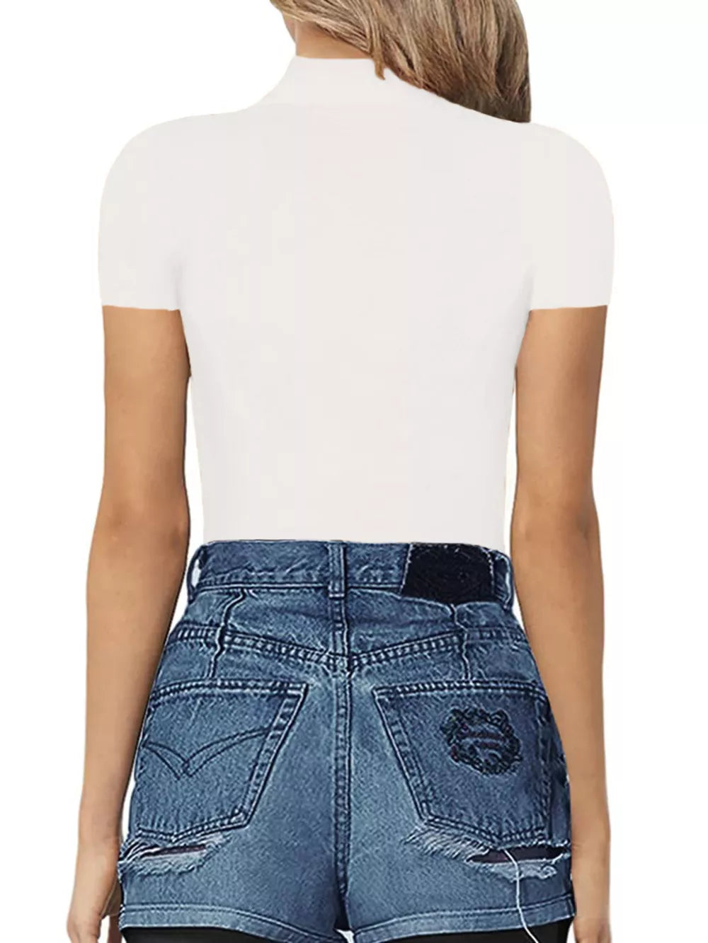 White short sleeve mock neck bodysuit with a form-fitting cut.