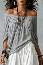 Off-shoulder Top And Wide-leg Pants Set Plus Size in Gray, fit detail