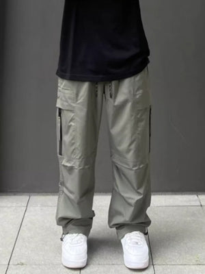 Men's Gray Green relaxed fit cargo sweatpants with ankle drawstring and multiple pockets.