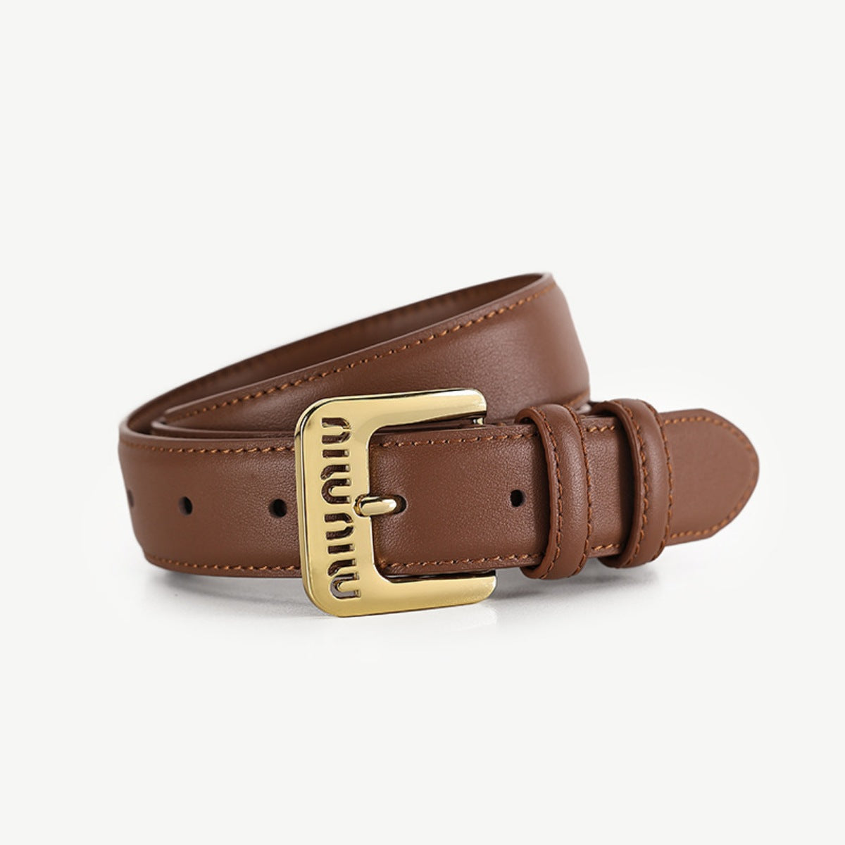 Brown cowhide leather belt with gold buckle and stitched detail.
