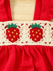 Children's Strawberry Crochet Trim Top & Denim Shorts Set in Red, model styling view