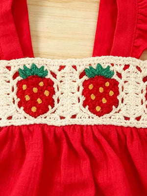 Children's Strawberry Crochet Trim Top & Denim Shorts Set in Red, model styling view