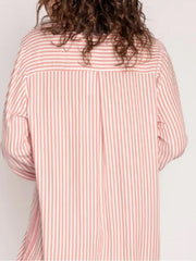 Striped pajama set in pale blush with contrast trim, collared shirt back view