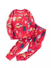 Children's red Christmas print pajama set with Santa, polar bears, angels, and trees.