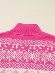 Pink knit quarter zip sweater with white Fair Isle pattern and mock neck.