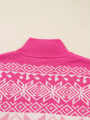 Pink knit quarter zip sweater with white Fair Isle pattern and mock neck.
