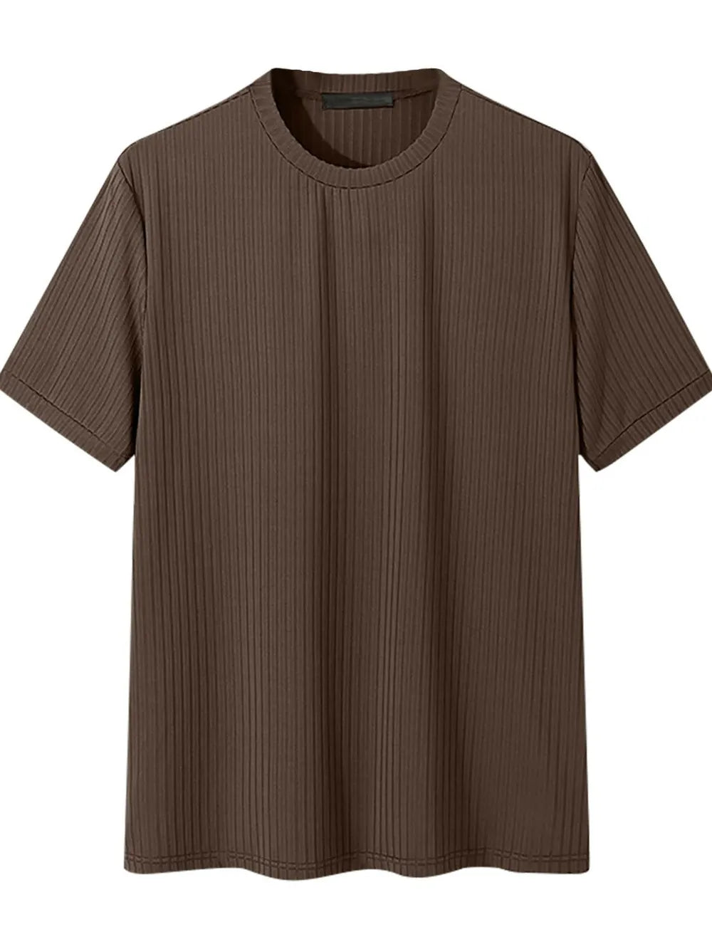 Textured ribbed crewneck tee in coffee brown with short sleeves.