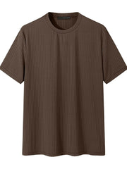 Textured ribbed crewneck tee in coffee brown with short sleeves.