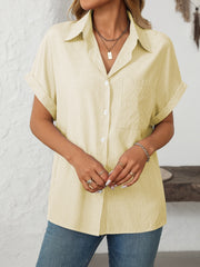 Pastel Yellow striped button-down shirt with cuffed short sleeves and a pocket.