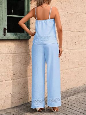 Sky blue cami and wide-leg pants set with lace trim detail