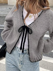 Chic Tie-front Contrast-trim Cardigan Plus Size in Gray, close-up detail