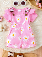 Pink daisy print baby overalls set with ruffled short sleeve ribbed top.